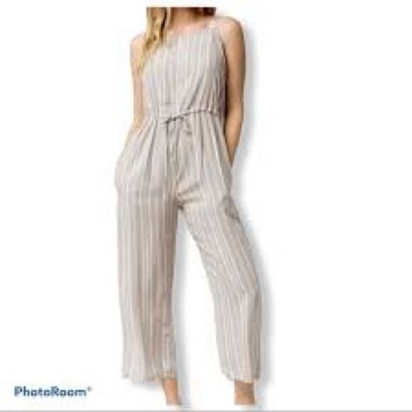 MIMI CHICA L Linen Blend TIE UP shoulder Striped Wide Leg Slit Leg Jumper - Picture 13 of 13